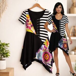🛍️ Frank Lyman Colorful Mixed Print Lace Asymmetrical Hem Tunic Dress Sz LARGE